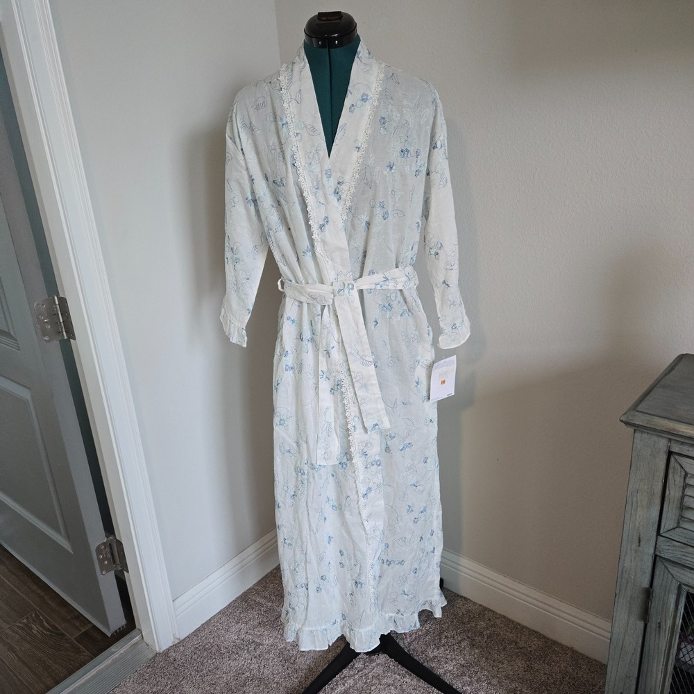 Eileen West Robe Womens S/M White Blue Floral Lace Cotton Maxi Belted NWT